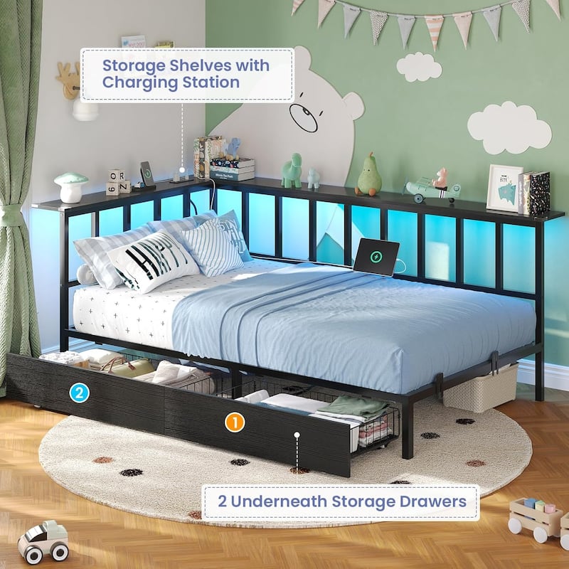 Corner Bed Frame 2 Storage Drawers Daybed Charging Station LED Lights