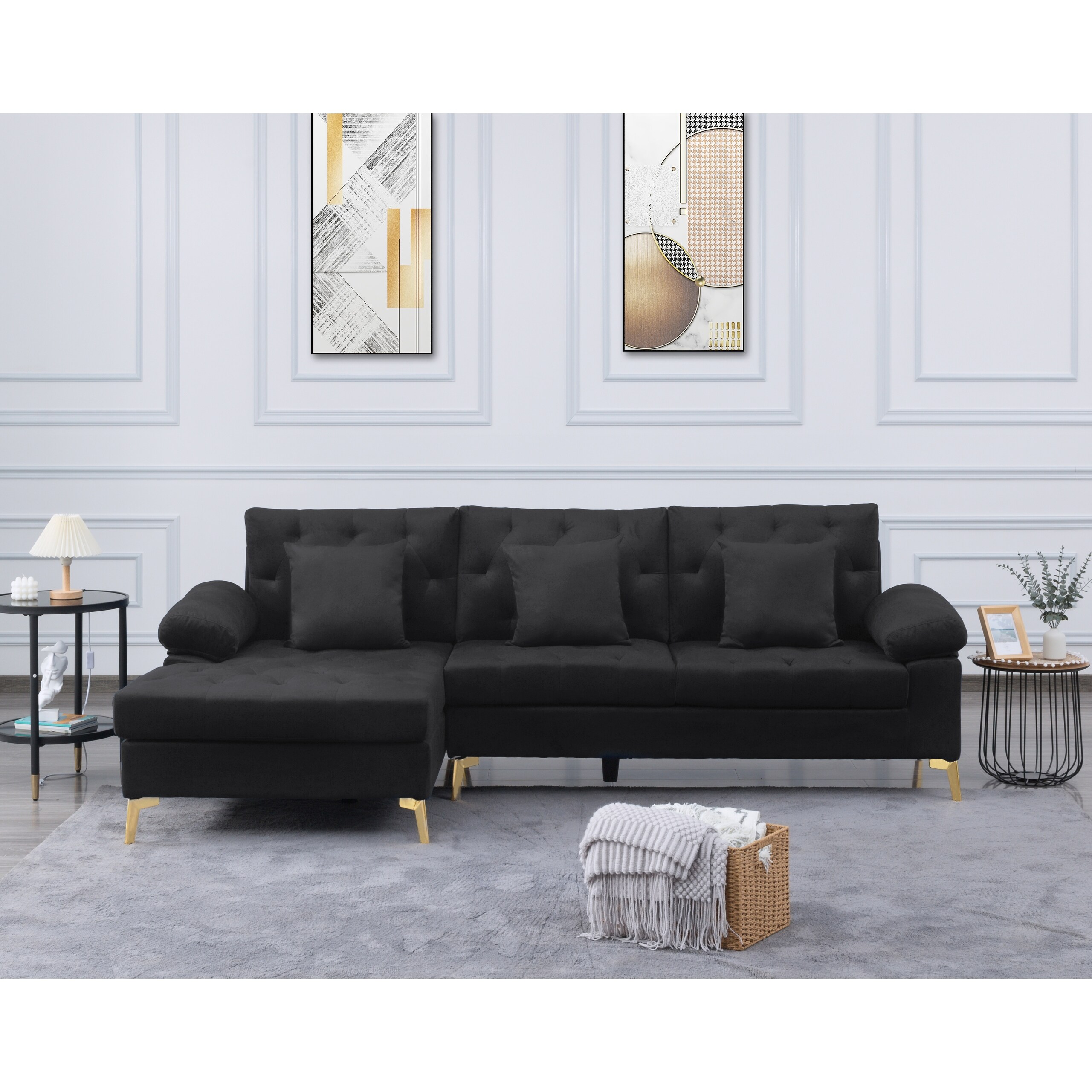 96.5" Left hand facing Sofa & Chaise Black Velvet