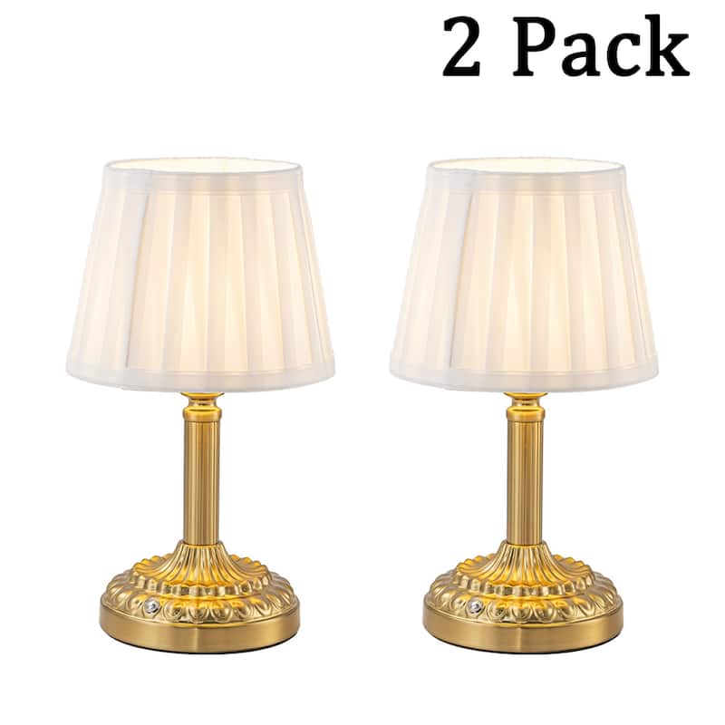 Brass Glam Cordless Fabric Shade Table Lamp Touch Control with 3 Way Classic Dimmable Rechargeable LED（2 Pack） - W6''