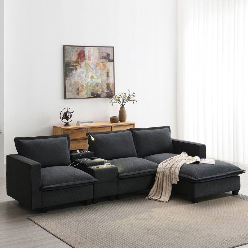 Cloud Sectional Sofa wConsole, USB, Reading Light, Cup Holder, Ottoman