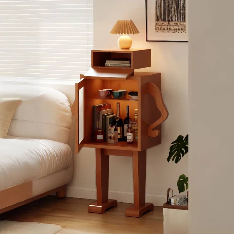 Solid Wood Robot End Table, Accent Wine Cabinet with 2 Drawers