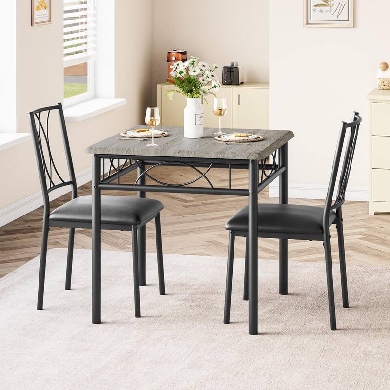 3-Piece Industrial Dining Set, Table with 2 Upholstered Chairs & Metal Legs, Space-Saving Breakfast Table Set