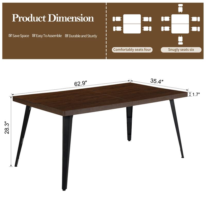 Homy Casa 63" Rectangular Dining Table with Tapered Metal Legs for Modern Homes