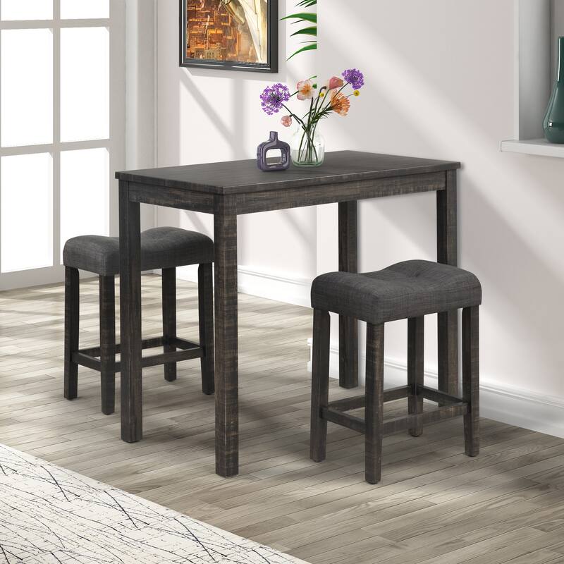 Button Tufted Saddle Stools with Footrests, Rectangular Side Table with Wooden Legs, Rustic Dining Table and Chair Set