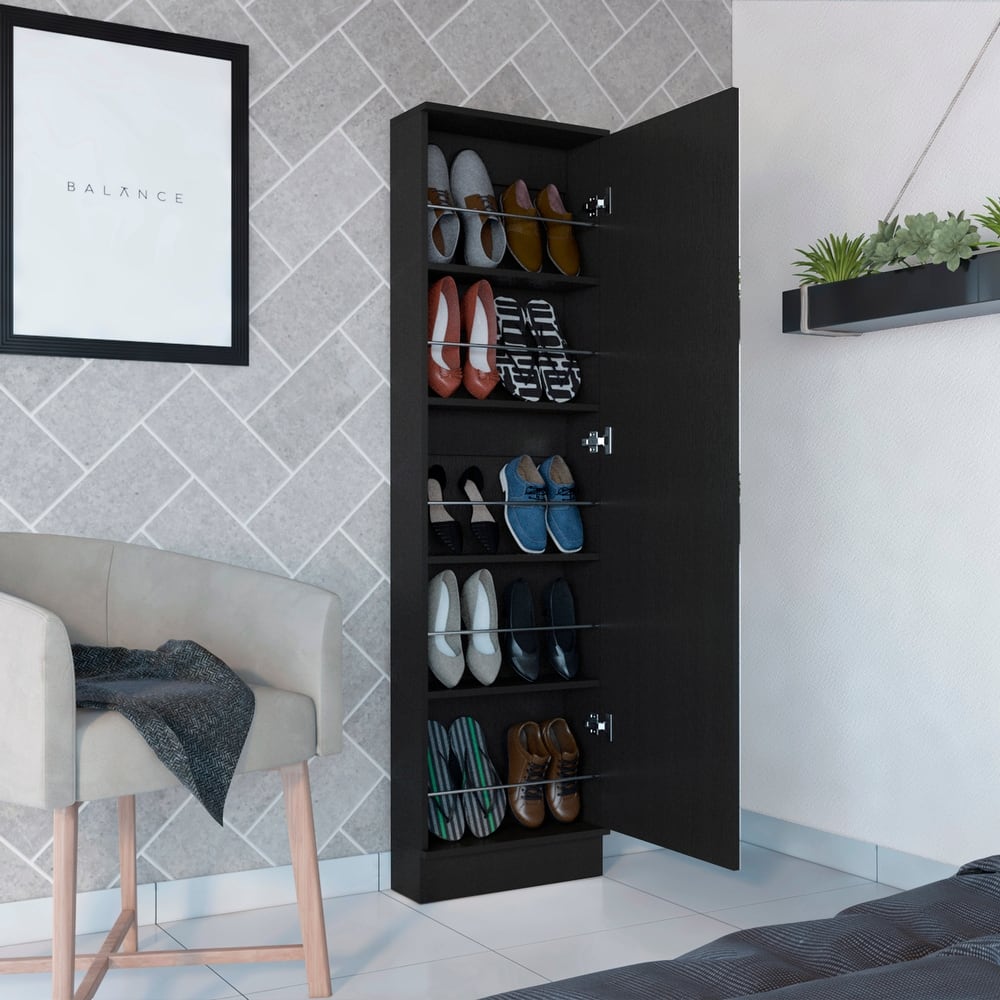 Shoe Rack With Mirror Five Interior Shelves And Single Door Cabinet