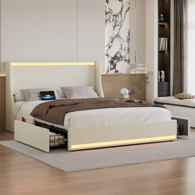 VECELO Modern LED Upholstered Platform Bed Frame with 2 Storage Drawers, USB & Type-C Ports, Full/Queen Size Bed