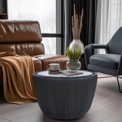 15.8" H Pleated Leather And Marble Tabletop Drum Round Side Table