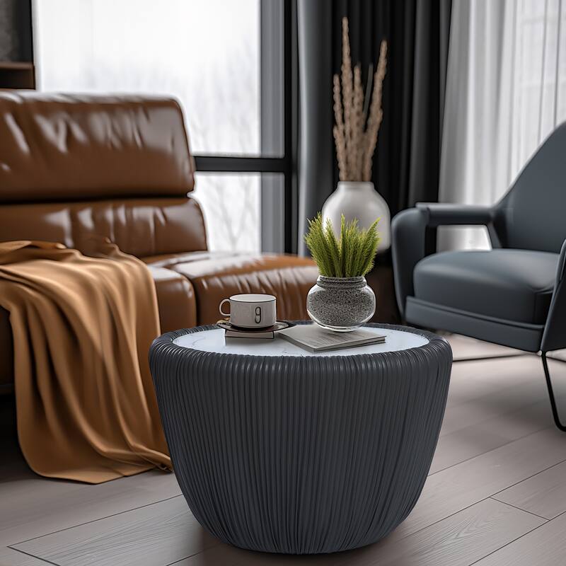 15.8" H Pleated Leather And Marble Tabletop Drum Round Side Table