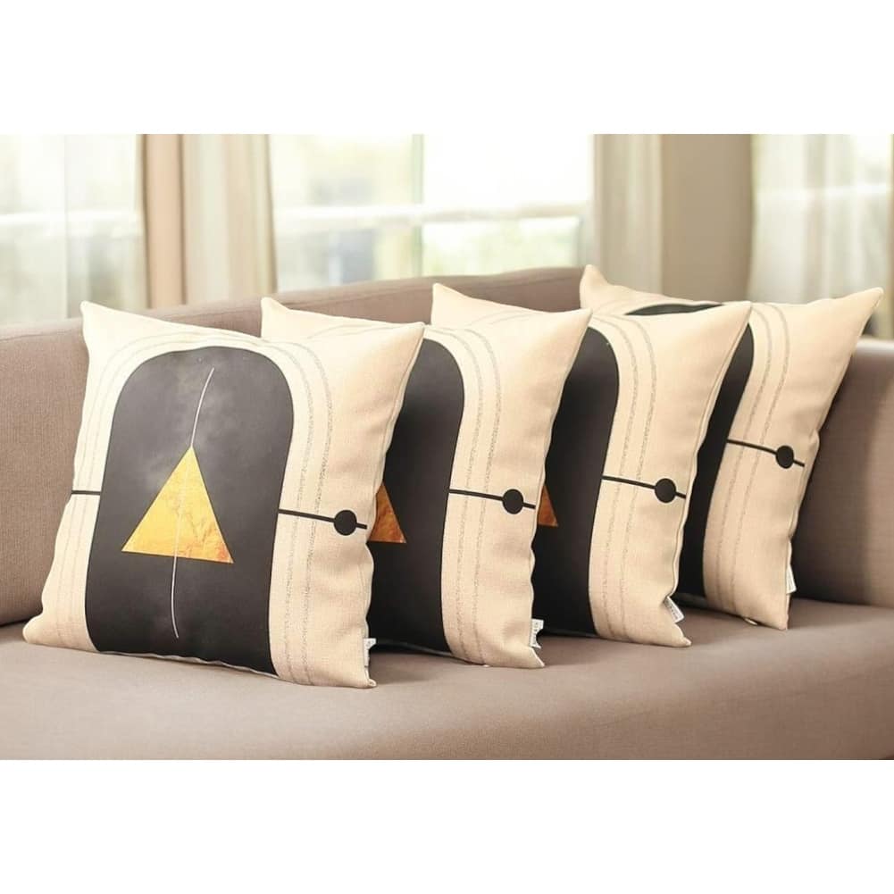 Set of Four 18" Ivory Black and Gold Geometric Fabric Throw Pillows