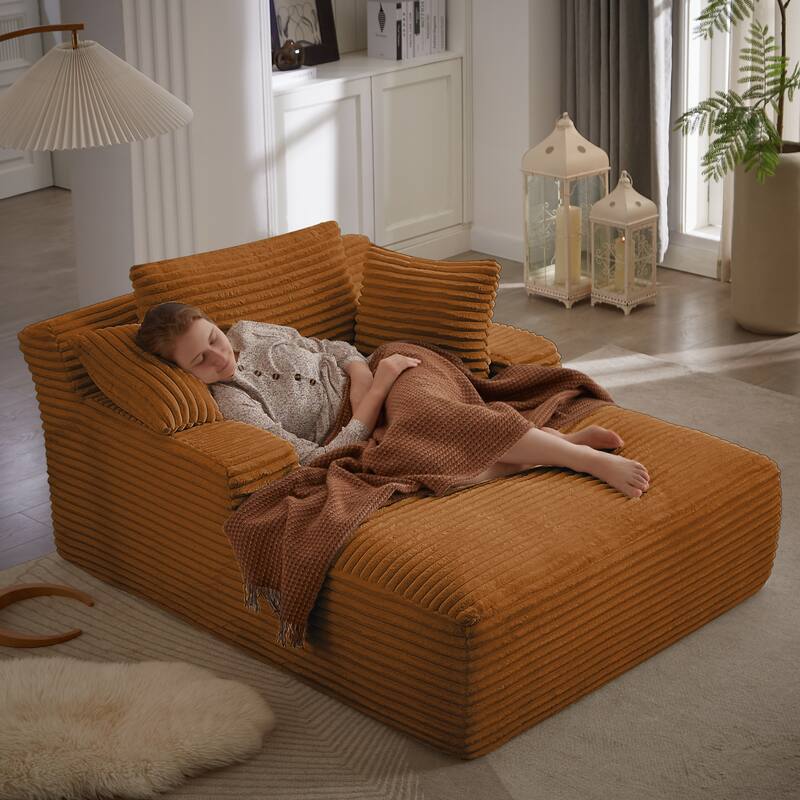 Comfy Sleeper Sofa Corduroy Upholstered Chaise Lounge with Pillows - Orange