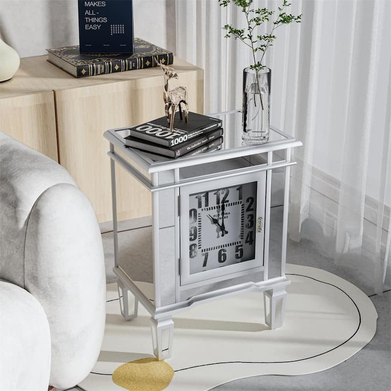 Luxury Clock Mirrored End Side Table, with Clock Display & 1 Door Cabinet Clock Mirrored Cabinet Mirror / Silver for Bedroom