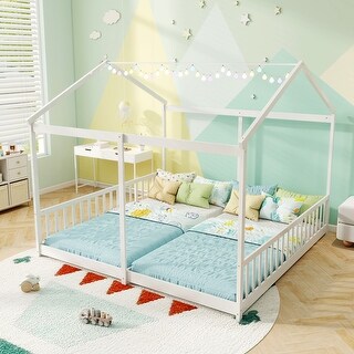 Gymax Double Floor Bed w/ Safety Guardrails No Box Spring Needed for