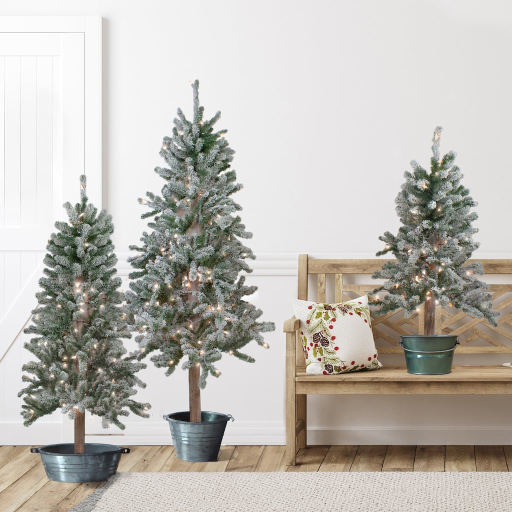 3 Slim Flocked Alpine Artificial Christmas Trees 5' Clear Lights - 5 Foot