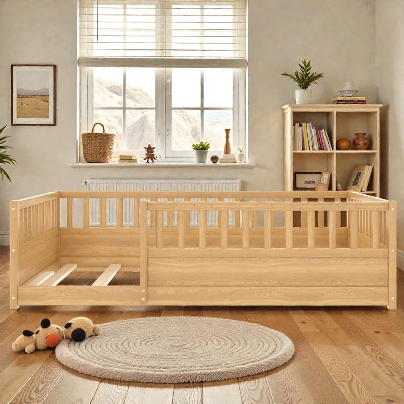 Montessori Wooden Floor Bed with High Safety Fence and Door, Pine Kids Floor Bed Frame for Boys and Girls