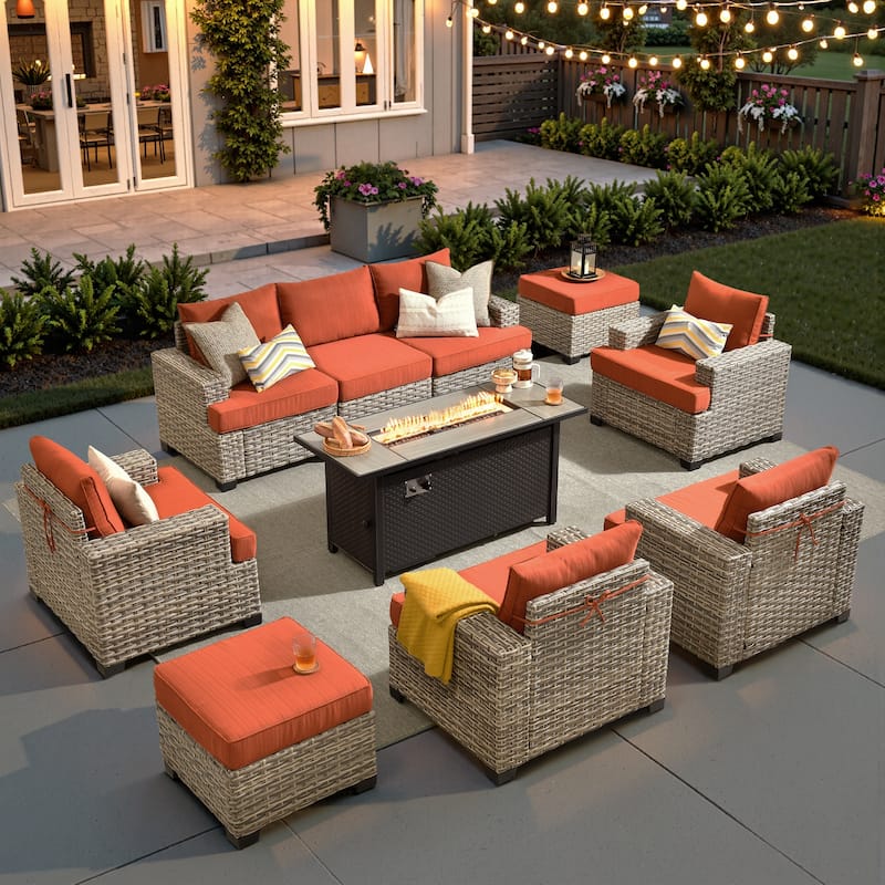 XIZZI 10-piece Outdoor Patio Furniture Sectional Set with Fire Table - Red/Orange