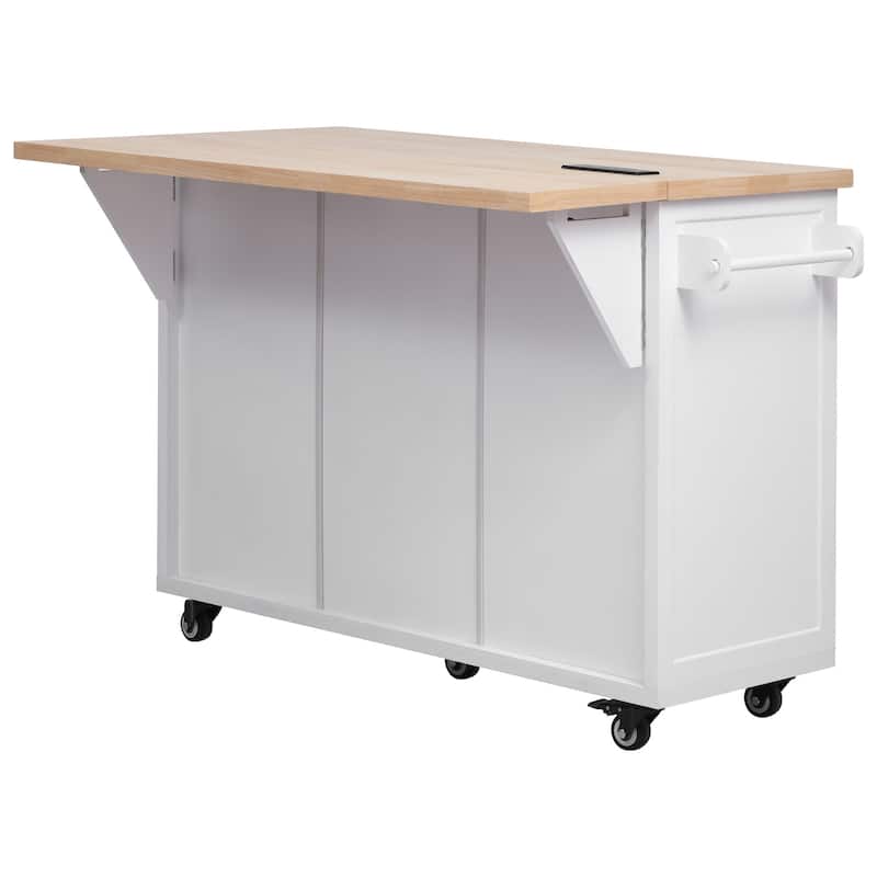 56.5" Kitchen Island with Drop Leaf, Power Outlet, Embossed Vertical Stripe Rolling Kitchen Cart on Wheels with 5 Drawers