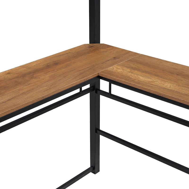 Metal Loft Bed with 3 Layers of Shelves and L-shaped Desk