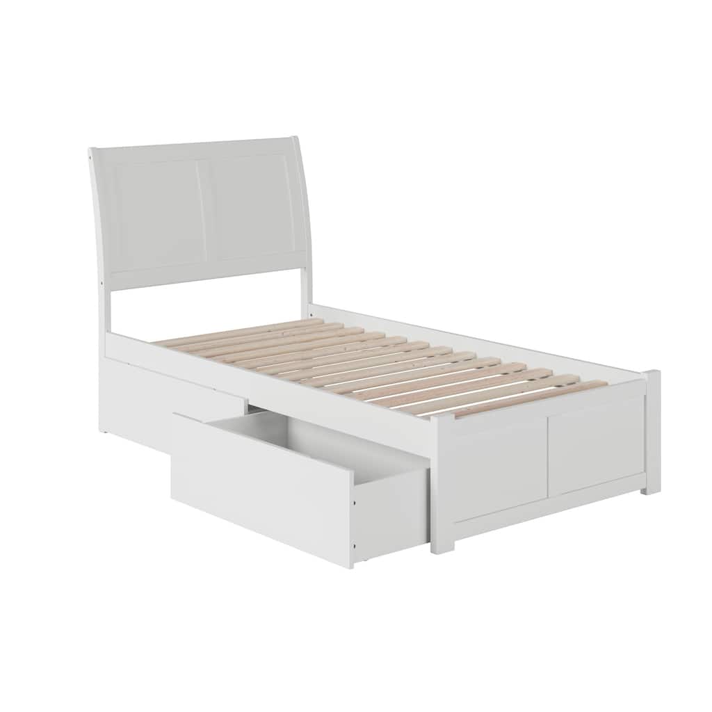Portland Twin XL Platform Bed with Footboard & 2 Storage Drawers in White