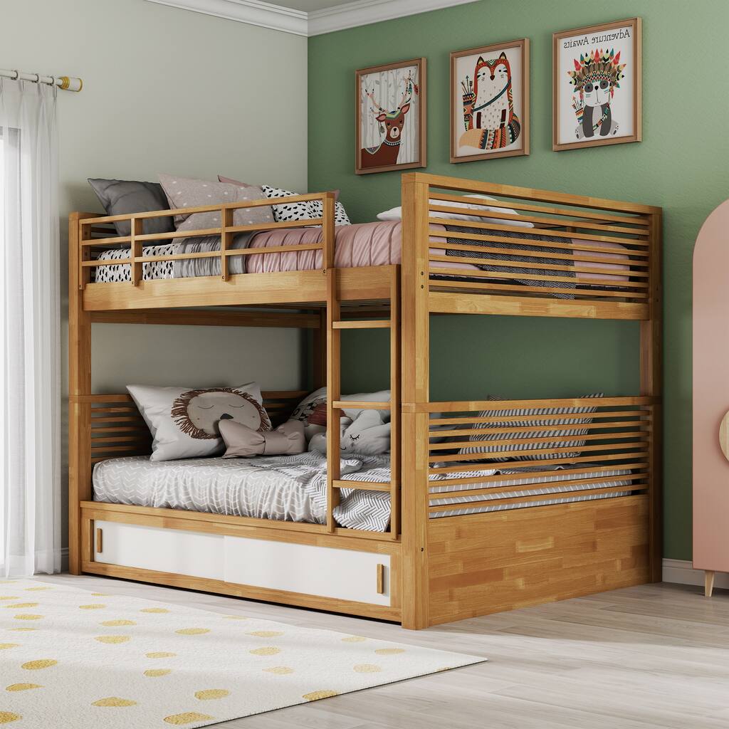 Furniture of America Ogden Oak Solid Wood Twin Over Twin Bunk Bed with Attached Ladder