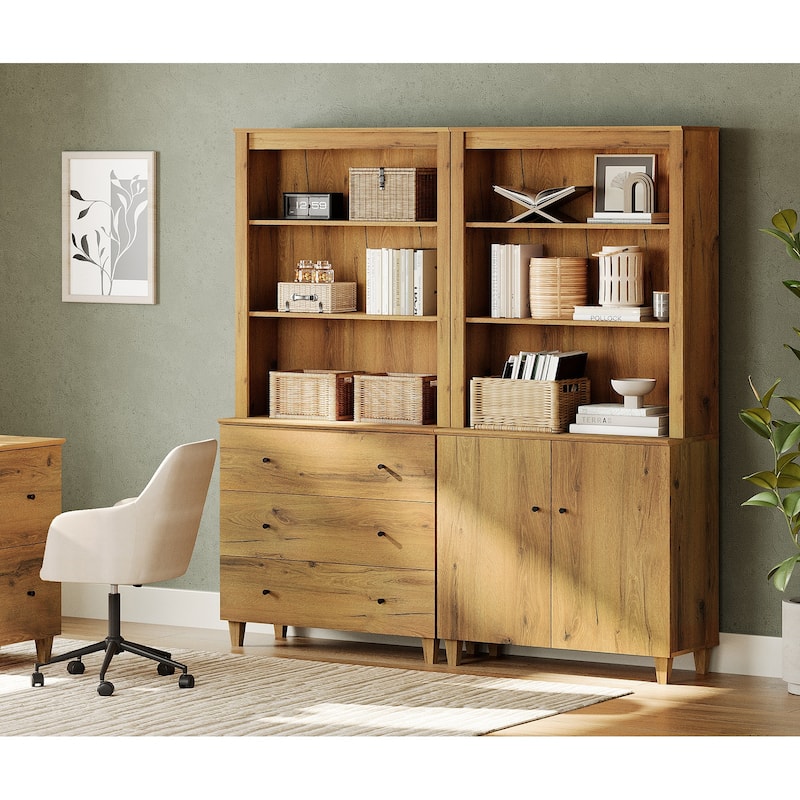 WAMPAT 71" Tall Bookshelf Set of 2, 5-Tier Modern Bookcases with 1 Cabinet and 3 Drawers for Living Room