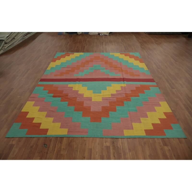 Hand Woven Oriental 100% Wool Carpet Southwestern Modern Multi-Colored Kilim Area Rug - 11' 10'' X 8' 10''