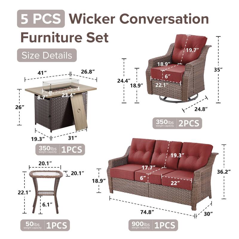Gymojoy Wicker Patio Furniture Sofa Set with Fire Pit Table, 6-Inch Ultra Thick Cushioned 360° Swivel Glider Chairs