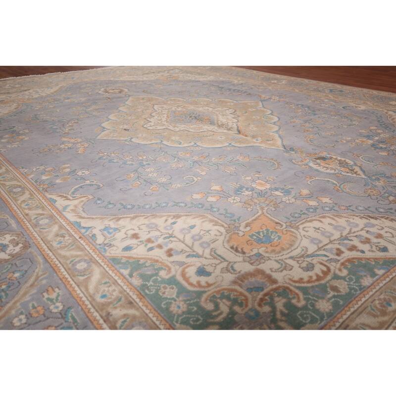 Tabriz Persian Vintage Area Rug Hand-Knotted Blue Wool Carpet - 9'10"x 12'9"