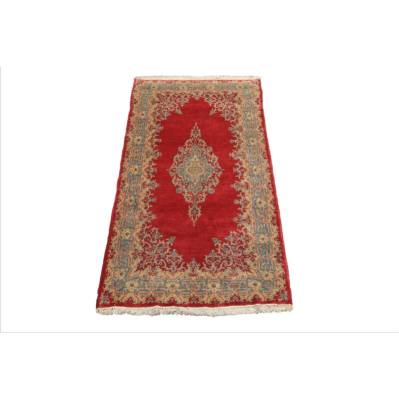 4x7'3'' Hand Knotted Wool Coral Traditional Kerman Medallion Rug - 4' x 7' 3''