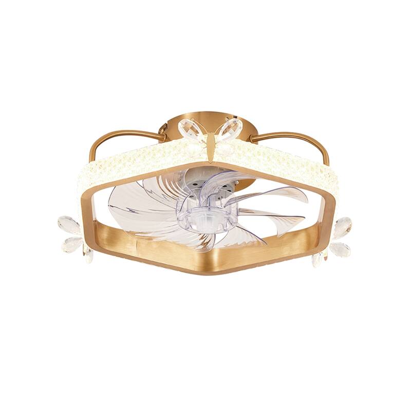Modern Flush Mount Crystal Ceiling Fan, Gold Reversible Fandelier Fan Light for Bedroom