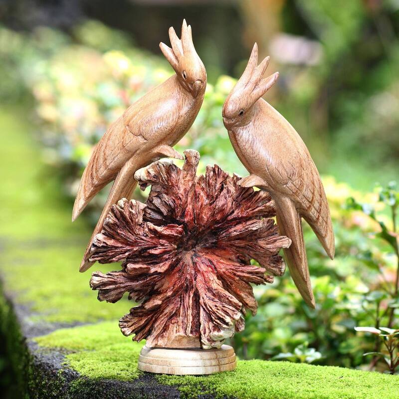 NOVICA Cockatoo Couple, Wood sculpture - 8.25" H x 6.25" W x 2.4" D