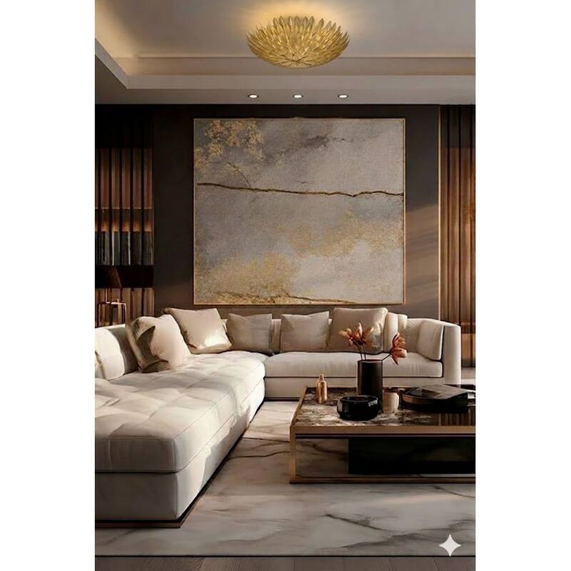 3 Light Gold Leaf Round Metal Frame Flush Mount