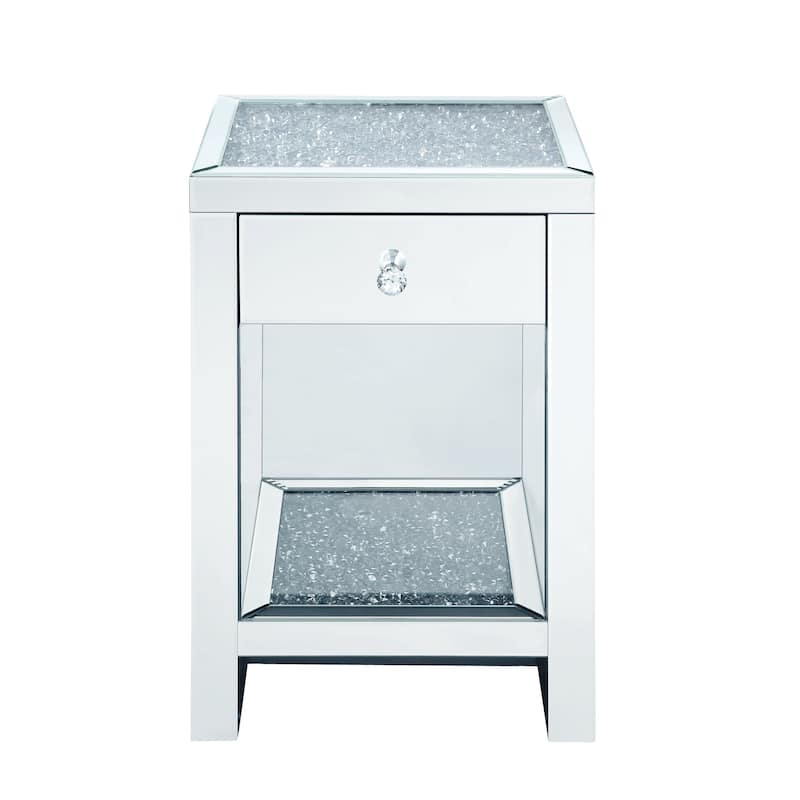 Mirrored Wooden Night Table with 1 Drawer and Bottom Shelf, Silver