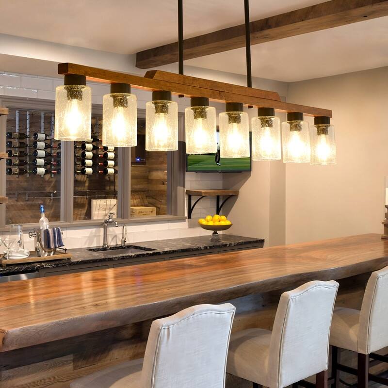 Farmhouse Chandelier for Dining Room Kitchen Island Rustic Wood Linear Pendant Light with Seed Glass Shade - 59
