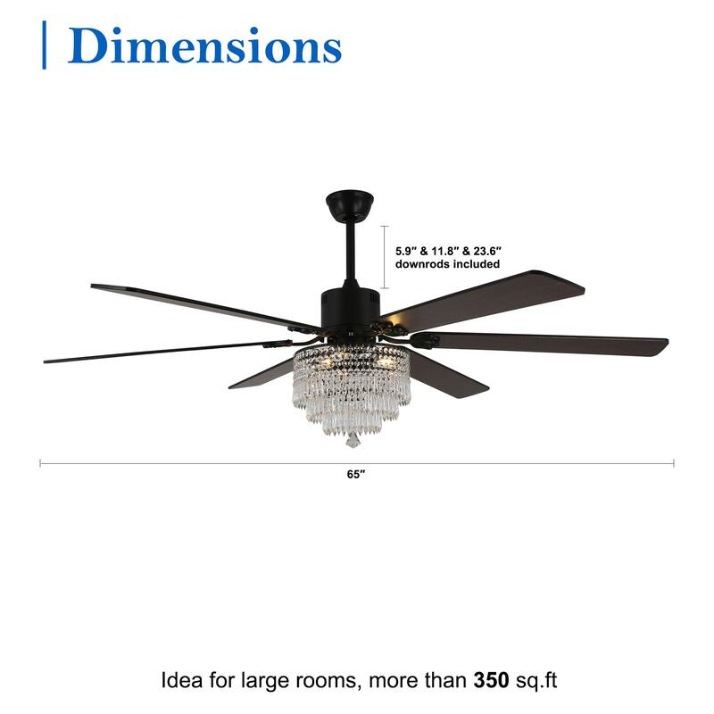 CurveCurio 65" Lagre Ceiling Fan w Crystal Light Shade and Wood Blades, Quiet DC Motor w Remote For Large Room - 65" * 65" * 26"