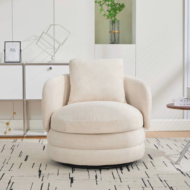 Modern Round 360° Swivel Barrel Accent Chair with Pillow, Upholstered Comfy Barrel Armchair Single Club Sofa Chair - Beige