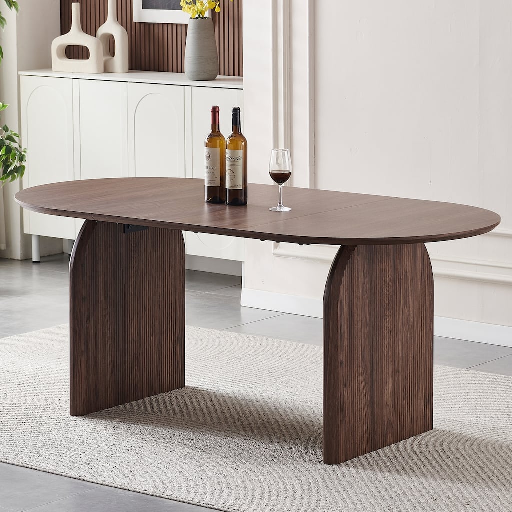 Wooden dining table, modern oval kitchen dining table, fashionable double-column design, suitable for family gatherings - Walnut