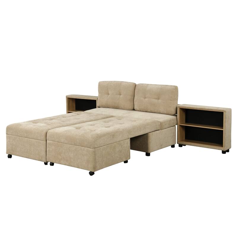 121.2" Chenille Modular Sofa Bed with Two Storage Racks, Free-Combined Design, and Smooth-Rolling Wheels