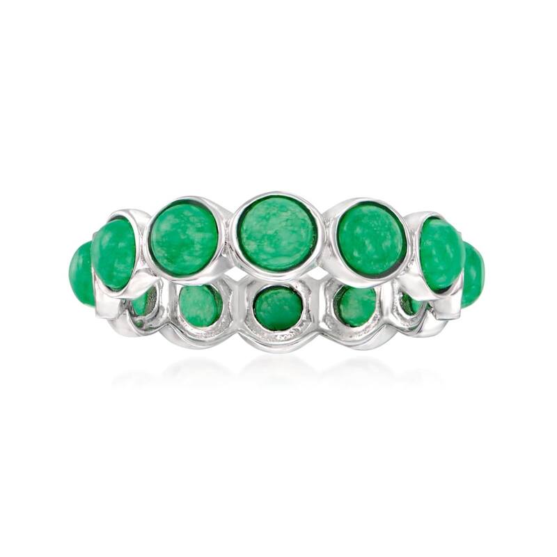 925 Sterling Silver Dyed Green Jade Gemstone Band Ring