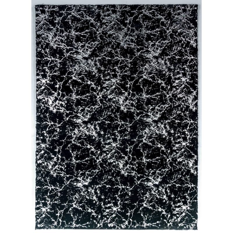 Chryso Collection Abstract Faux-Fur Rug with Foil - 7'5'' X 9'5'' - Black/Silver Foil