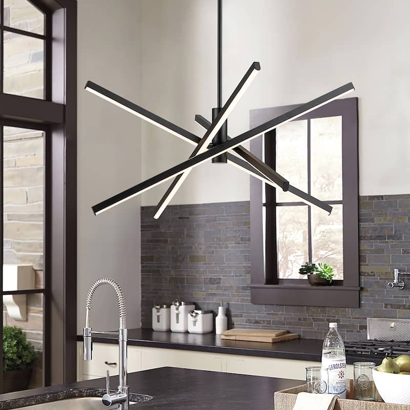 4-Light Modern Linear Pendant Island Lighting Sputnik Dimmable Integrated LED Chandelier for Dining Room - Black