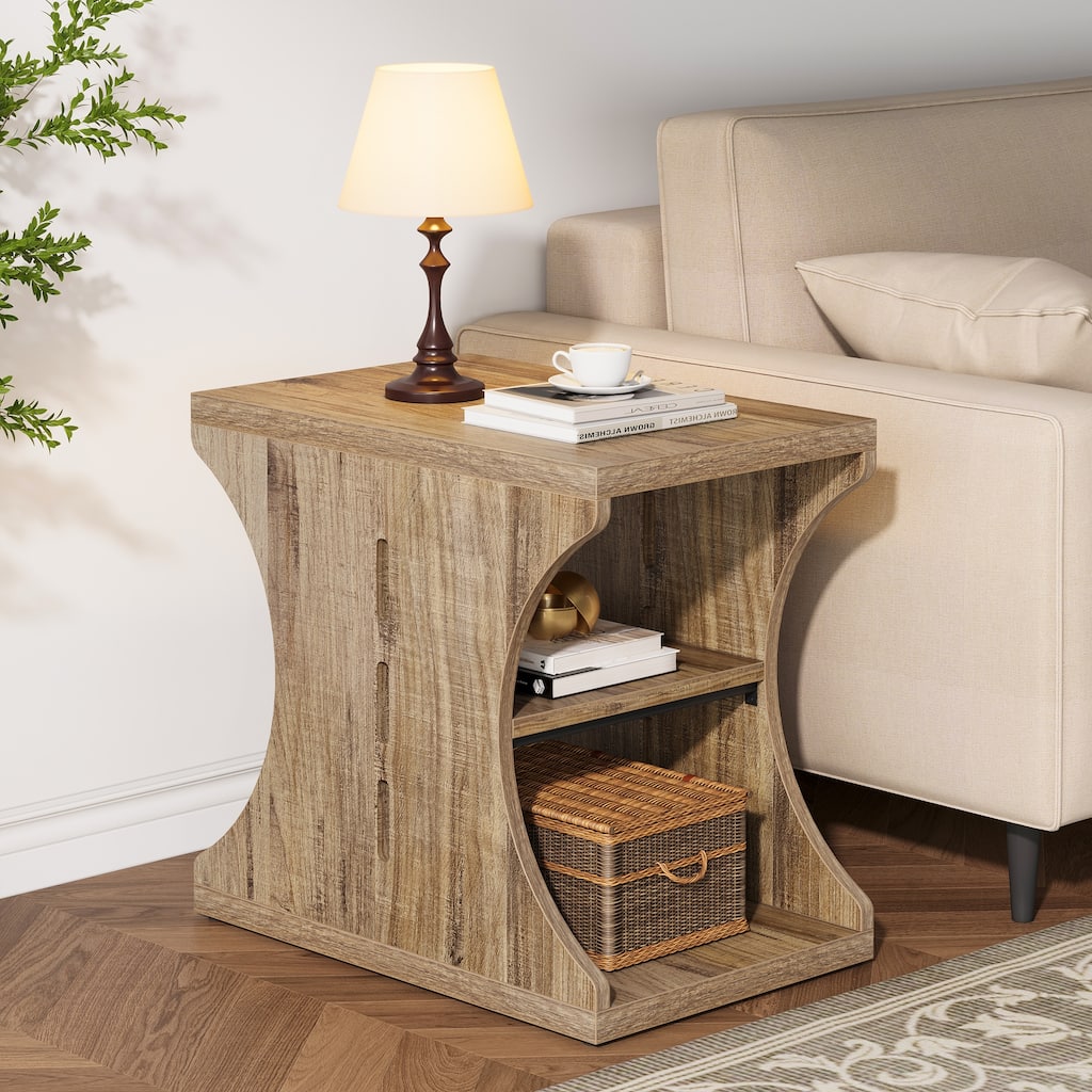 Farmhouse End Table with 3-Tier Storage, Rustic Brown