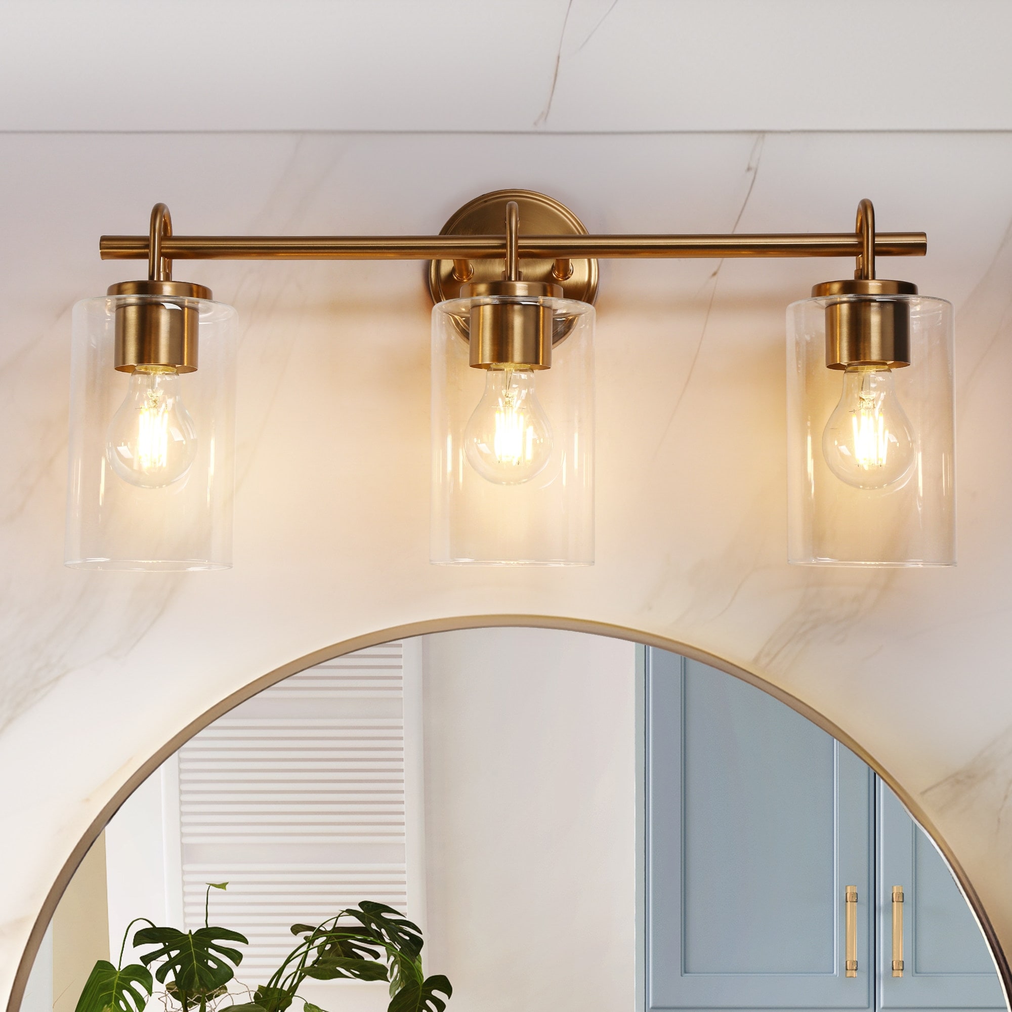 Modern Gold 3-Light Bathroom Vanity Light Cylinder Glass Wall sconce - W 22" x D 7.1" x H 9.6"