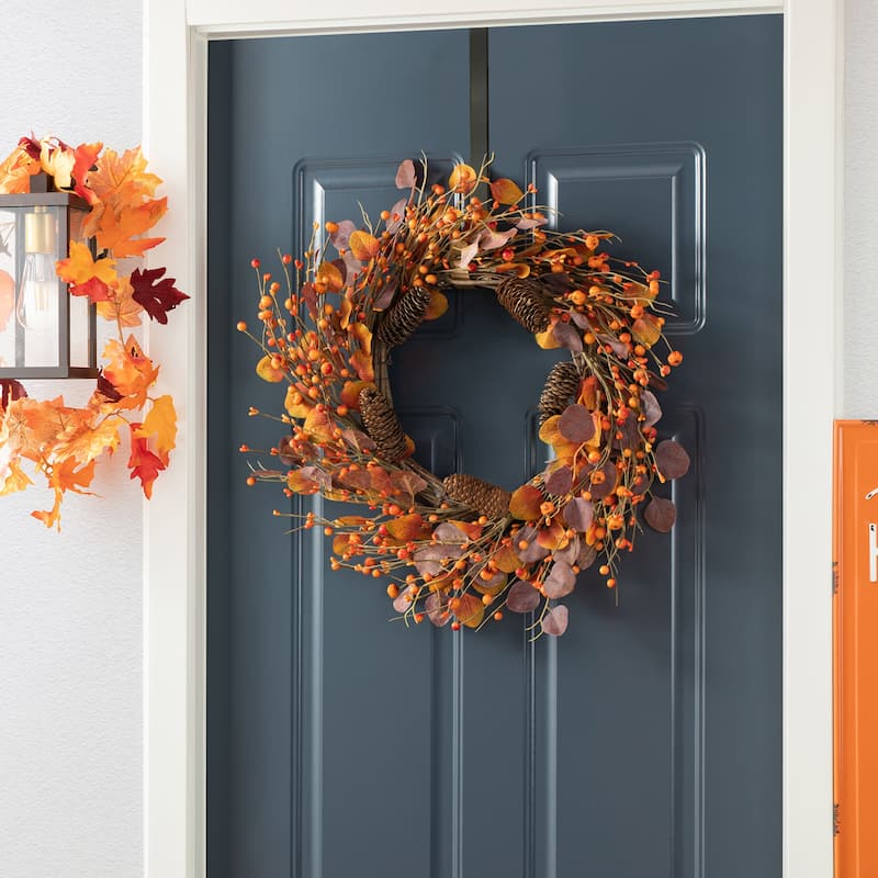 Glitzhome 22"D Fall Eucalyptus Berry Wreath with Hanger Thanksgiving Decor