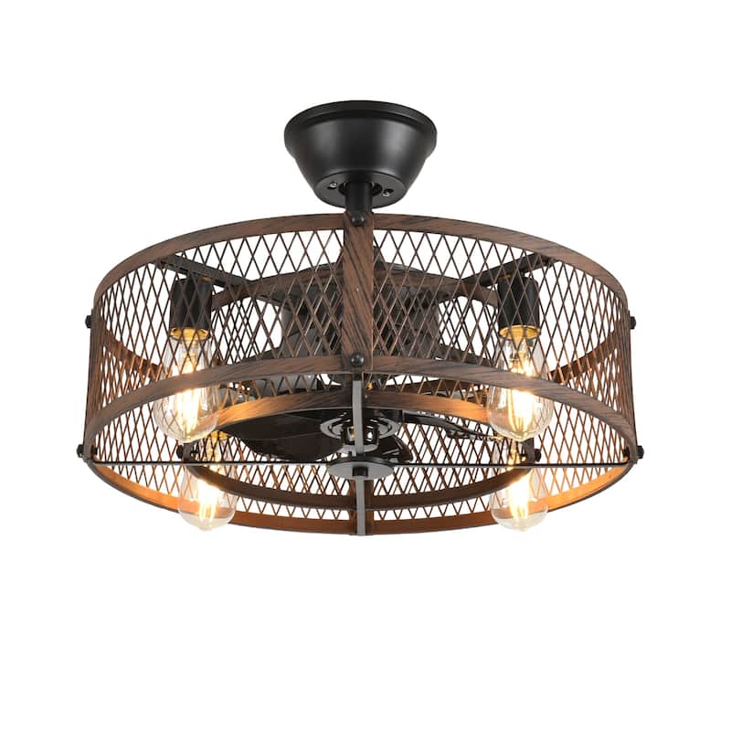 20-26" Caged outdoor Ceiling Fan with Light: Remote App Control-Farmhouse Fandelier Flush Mount Fixture Reversible 6 Speed Timer - Walnut - 20in