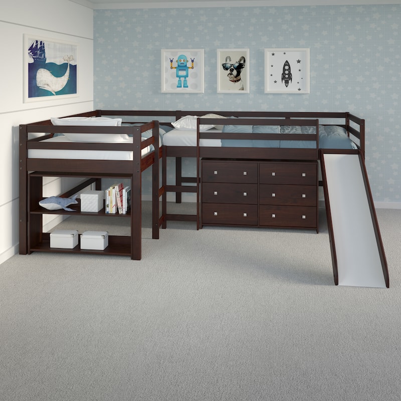 Double Twin L-Shaped Slide Loft Bedroom Set in Dark Cappuccino - Dresser and One Bookcase - With 6 Drawer Chest and 1 Bookcase