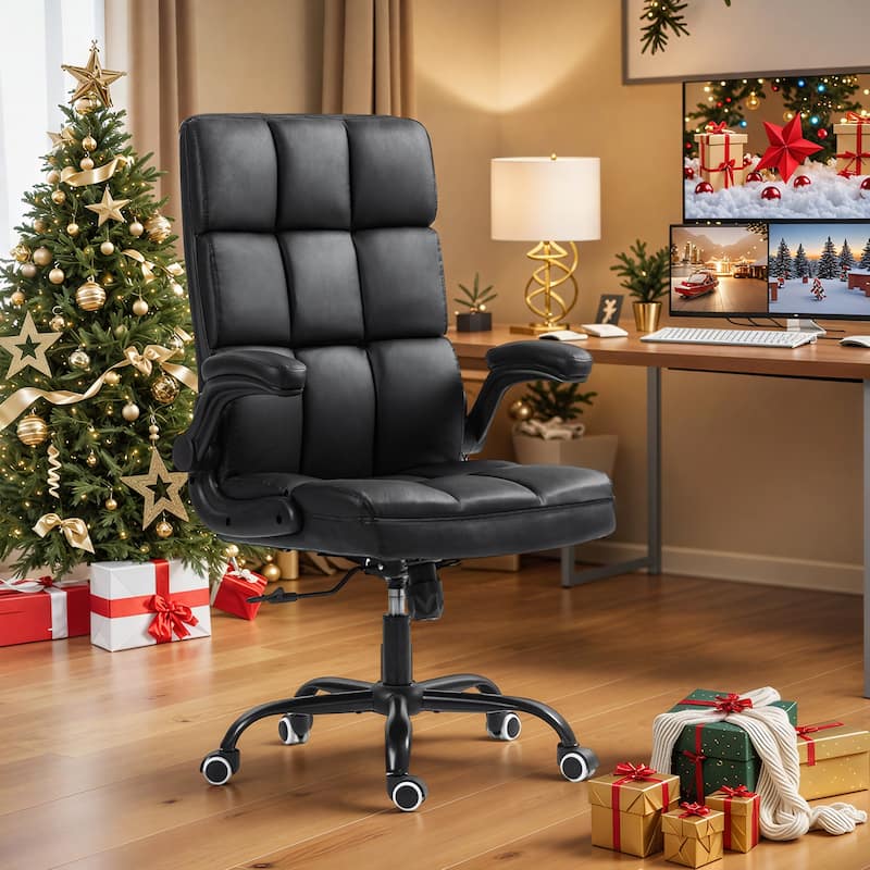 EROMMY Mid-Century Modern Leather Office Chair with Wheels, Ergonomic Rolling Desk Chair, Flip-Up Arms.