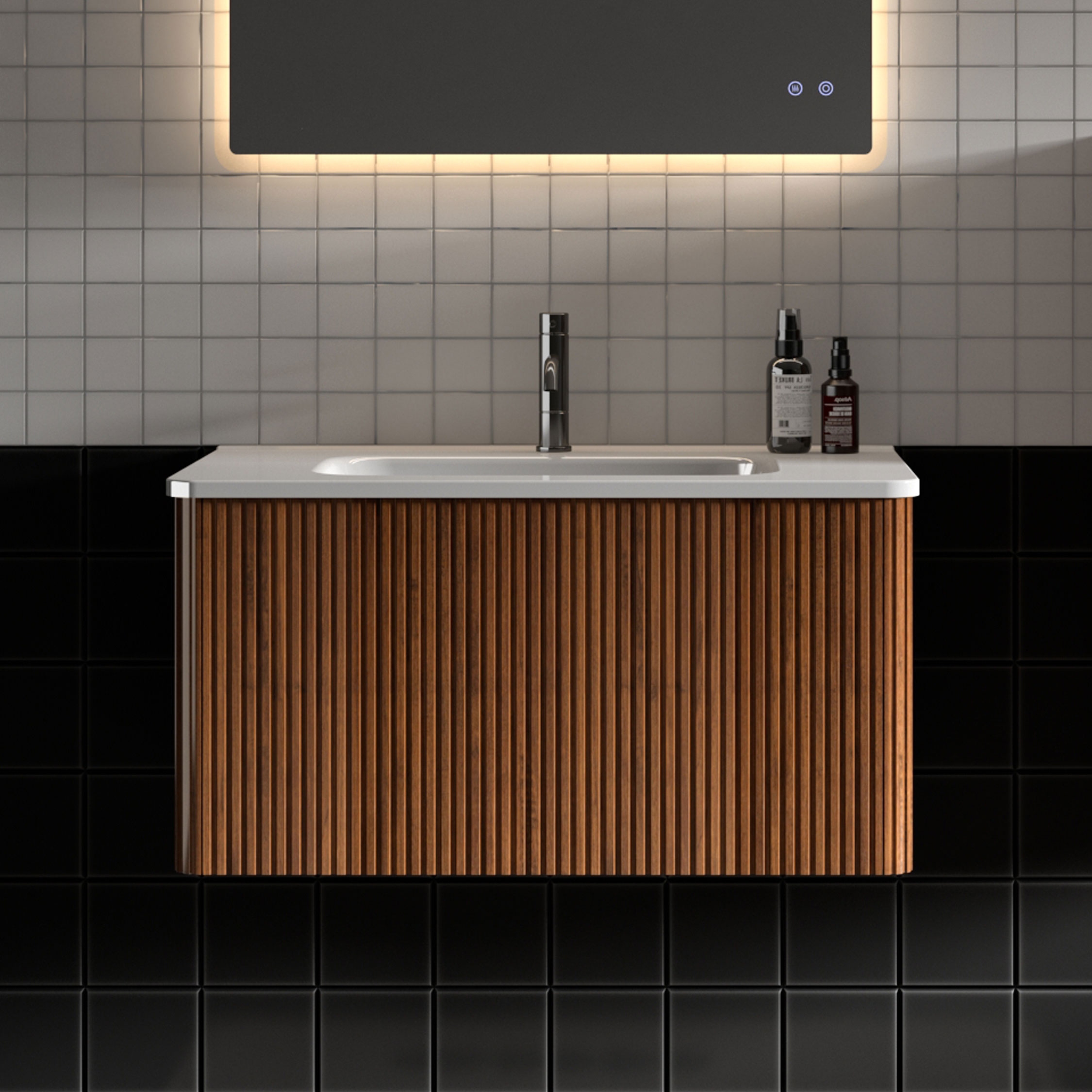 Ayna Decors Rooh 24 In Navy Blue Bathroom Vanity With White Quartz Countertop & Ceramic Sink, 2 Soft Closing Doors, 1 Full Extention Soft Close Drawer Brushed Nickel