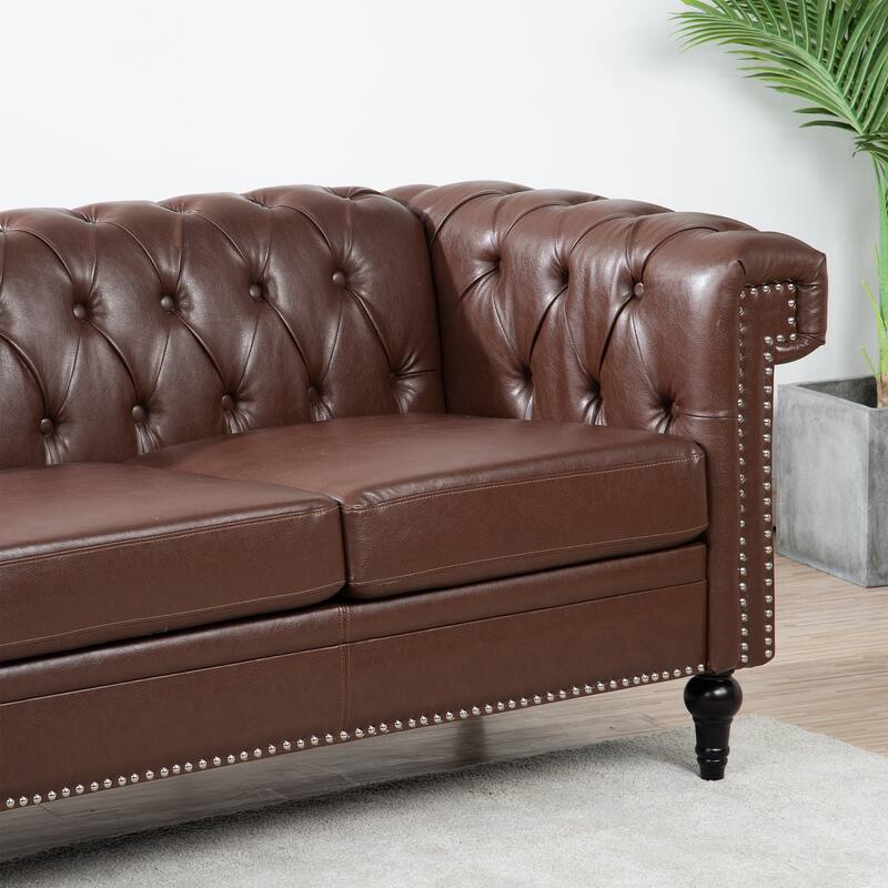 83.66 Inch Width Traditional 3 Seater Dark Brown PU Sofa