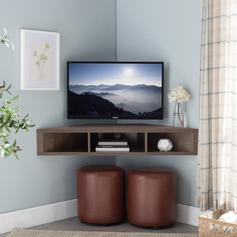 Furniture of America Sukhumi Transitional 47-inch 3-Shelf Wall-Mounted Corner TV Console - Open Design - Walnut Oak