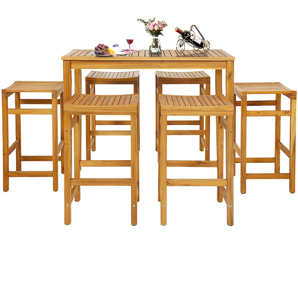 Gymax 7PCS Acacia Wood Bar Table Set 45'' Rectangular Dining Table & 6